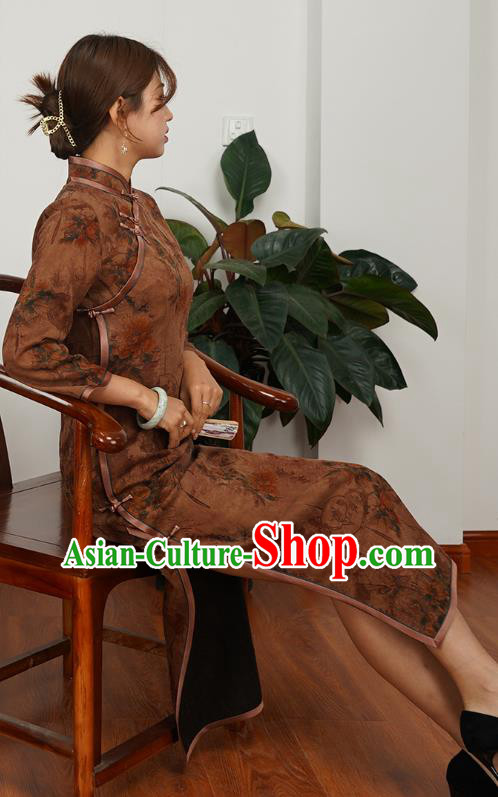 Asian Chinese Young Beauty Classical Brown Silk Cheongsam Costume Traditional Shanghai Woman Qipao Dress