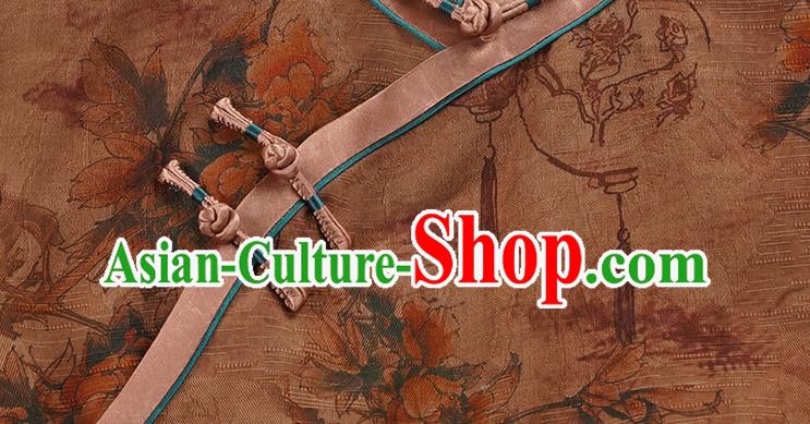 Asian Chinese Young Beauty Classical Brown Silk Cheongsam Costume Traditional Shanghai Woman Qipao Dress