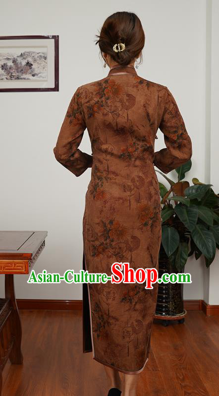 Asian Chinese Young Beauty Classical Brown Silk Cheongsam Costume Traditional Shanghai Woman Qipao Dress