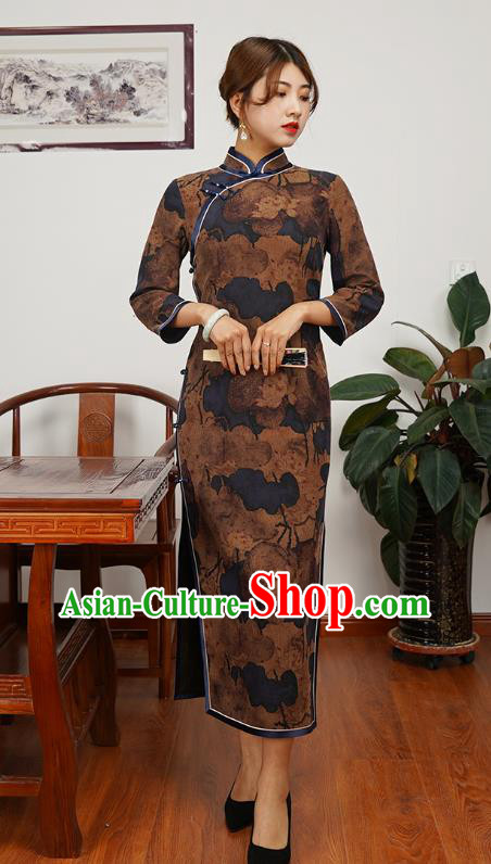 Asian Chinese Traditional Shanghai Debutante Qipao Dress Young Beauty Classical Brown Silk Cheongsam Costume