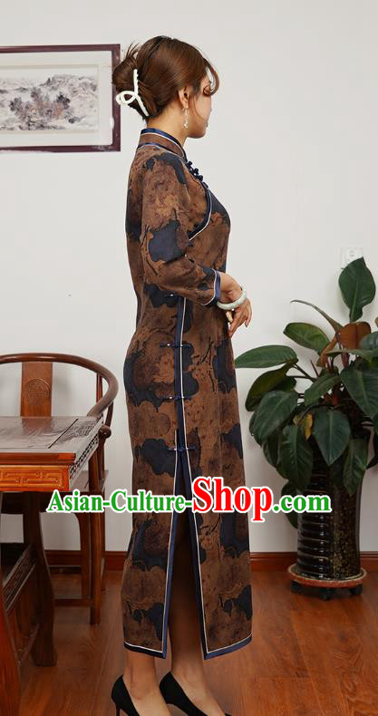 Asian Chinese Traditional Shanghai Debutante Qipao Dress Young Beauty Classical Brown Silk Cheongsam Costume