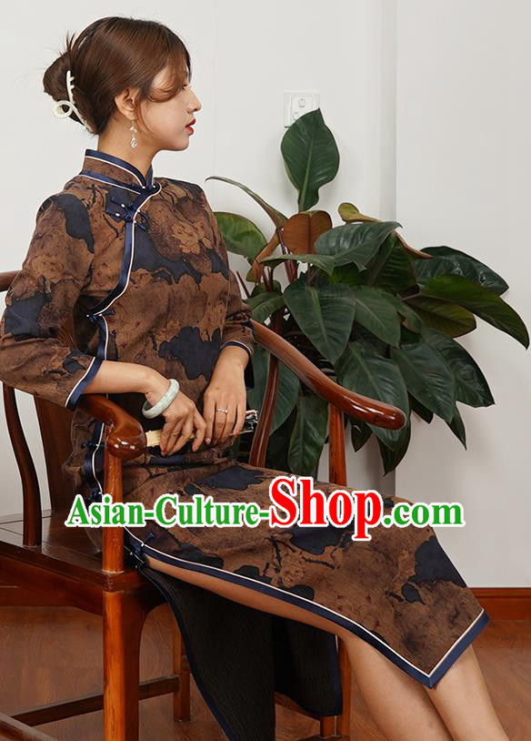 Asian Chinese Traditional Shanghai Debutante Qipao Dress Young Beauty Classical Brown Silk Cheongsam Costume