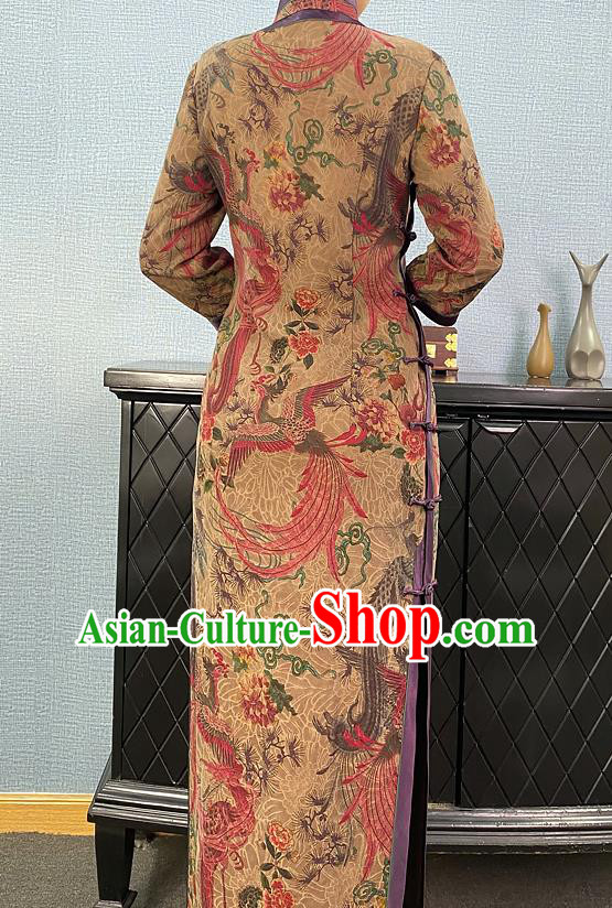 Asian Chinese Classical Phoenix Peony Pattern Ginger Cheongsam Costume Traditional Shanghai Beauty Qipao Dress