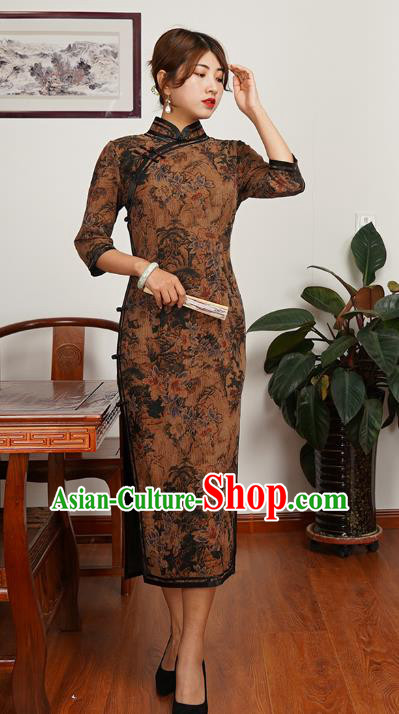 Asian Chinese Classical Landscape Pattern Brown Silk Cheongsam Costume Traditional Shanghai Beauty Qipao Dress