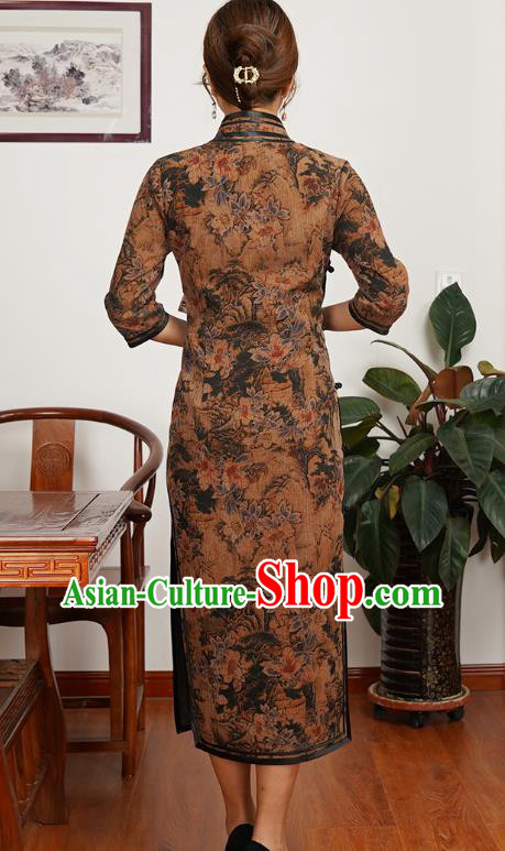 Asian Chinese Classical Landscape Pattern Brown Silk Cheongsam Costume Traditional Shanghai Beauty Qipao Dress