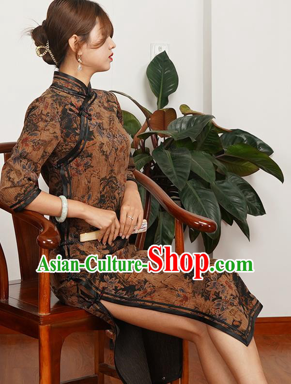 Asian Chinese Classical Landscape Pattern Brown Silk Cheongsam Costume Traditional Shanghai Beauty Qipao Dress