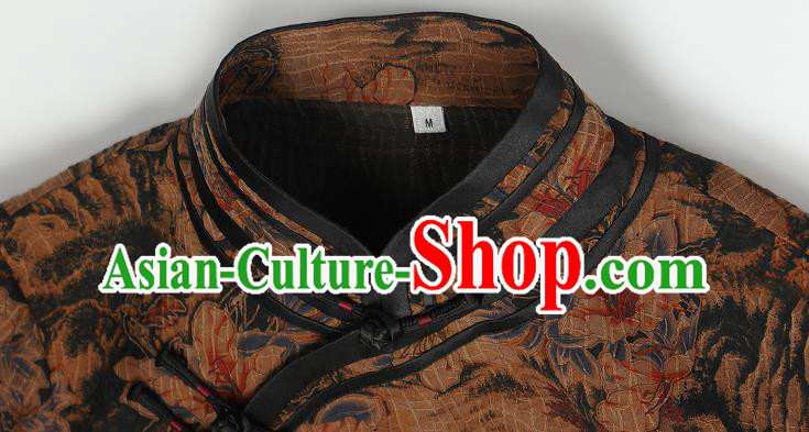 Asian Chinese Classical Landscape Pattern Brown Silk Cheongsam Costume Traditional Shanghai Beauty Qipao Dress