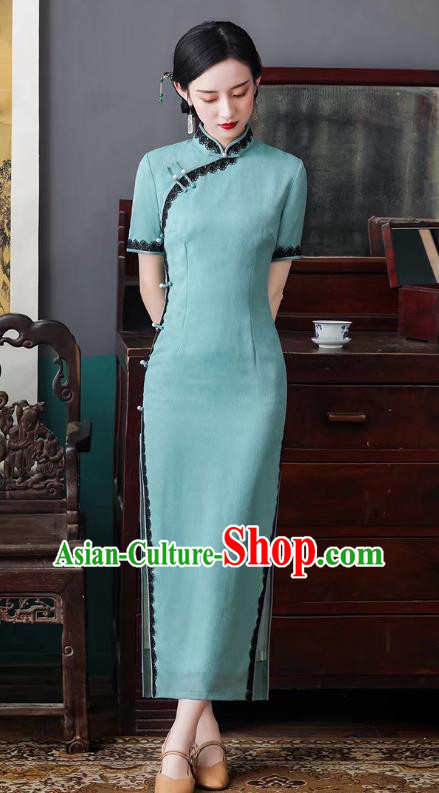 Asian Chinese National Young Lady Clothing Classical Green Cheongsam Traditional Lace Qipao Dress