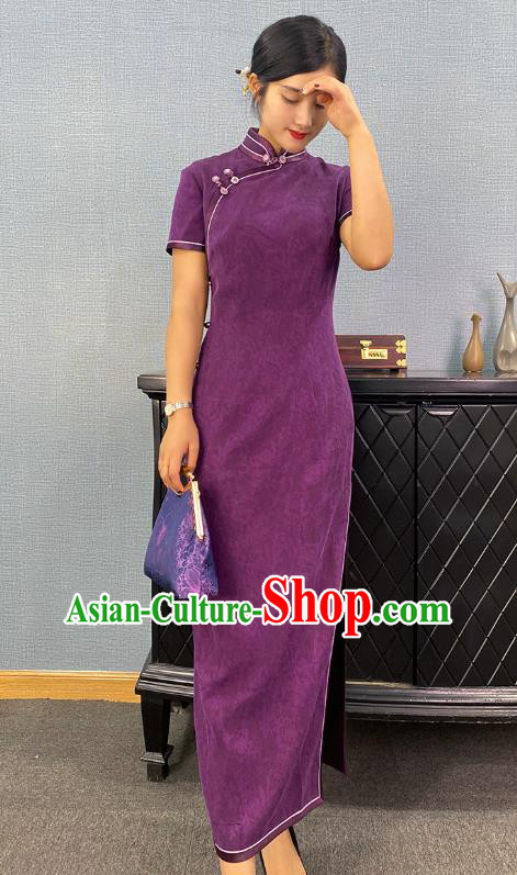 Asian Chinese Traditional Jacquard Purple Silk Qipao Dress Classical Young Mistress Cheongsam Costume