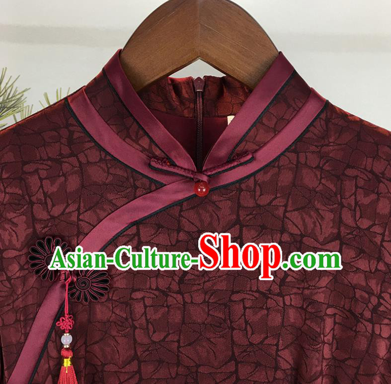 Chinese Traditional Purplish Red Silk Qipao Dress Clothing Classical Elderly Woman Cheongsam