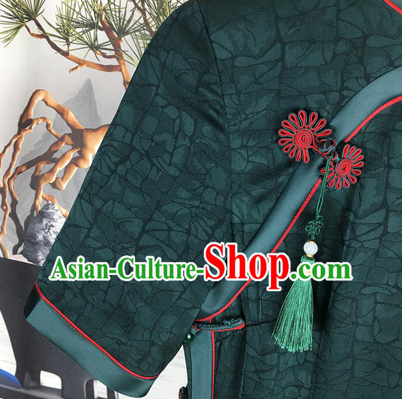 Chinese Classical Young Mistress Cheongsam Traditional Deep Green Silk Qipao Dress Clothing