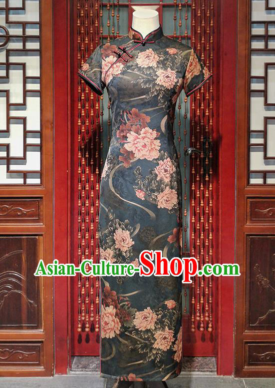 Chinese Classical Printing Peony Dark Green Cheongsam Traditional Stage Performance Qipao Dress National Young Woman Clothing