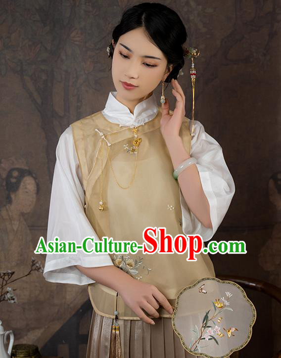 China Traditional Tang Suit Upper Outer Garment National Woman Embroidered Apricot Silk Blouse
