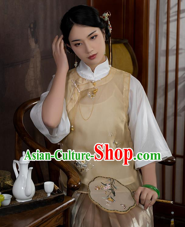 China Traditional Tang Suit Upper Outer Garment National Woman Embroidered Apricot Silk Blouse