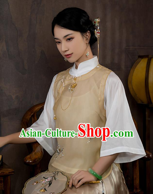 China Traditional Tang Suit Upper Outer Garment National Woman Embroidered Apricot Silk Blouse