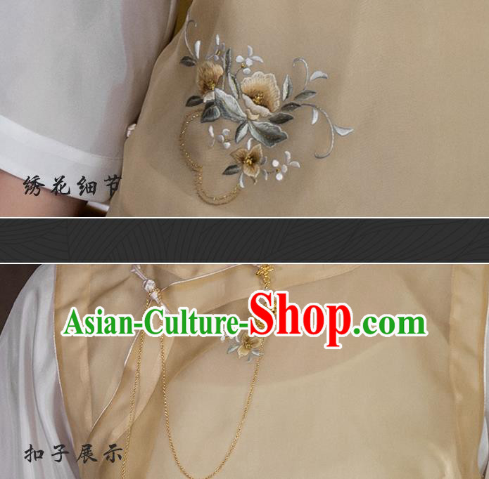 China Traditional Tang Suit Upper Outer Garment National Woman Embroidered Apricot Silk Blouse
