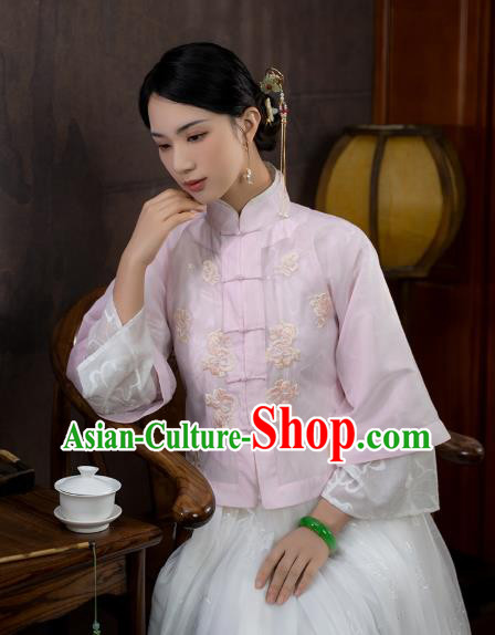 China National Woman Embroidered Pink Silk Blouse Traditional Tang Suit Shirt Upper Outer Garment