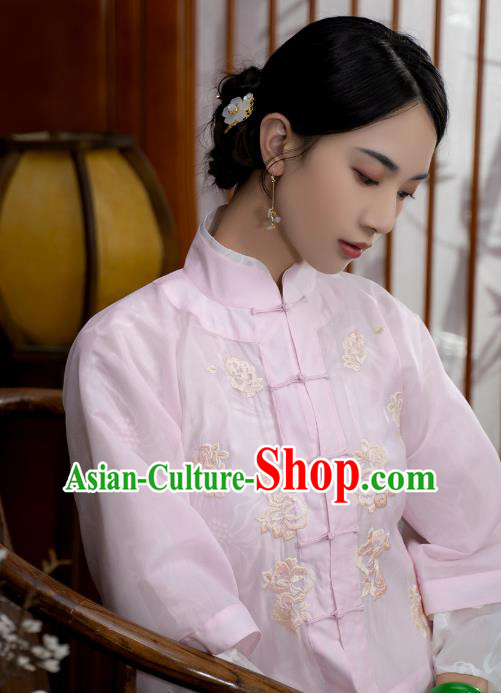 China National Woman Embroidered Pink Silk Blouse Traditional Tang Suit Shirt Upper Outer Garment