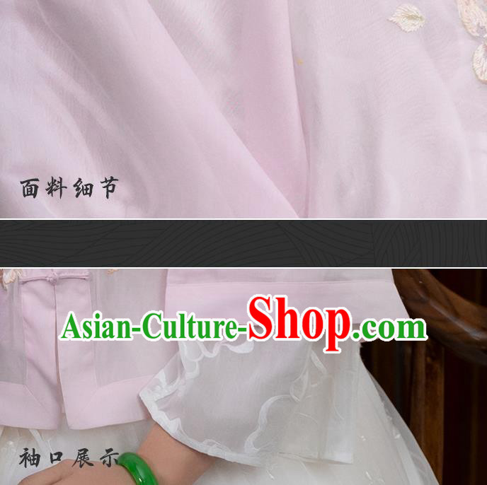 China National Woman Embroidered Pink Silk Blouse Traditional Tang Suit Shirt Upper Outer Garment
