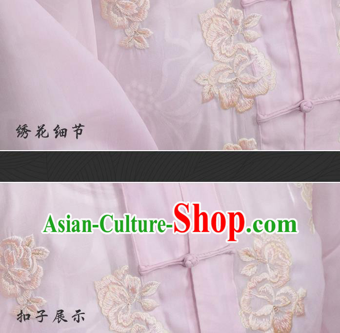 China National Woman Embroidered Pink Silk Blouse Traditional Tang Suit Shirt Upper Outer Garment