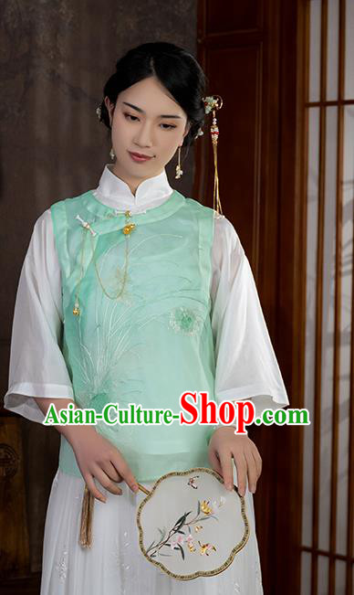 Chinese Traditional National Embroidered Light Green Organdy Vest Costume Women Tang Suit Waistcoat