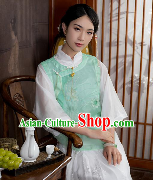 Chinese Traditional National Embroidered Light Green Organdy Vest Costume Women Tang Suit Waistcoat