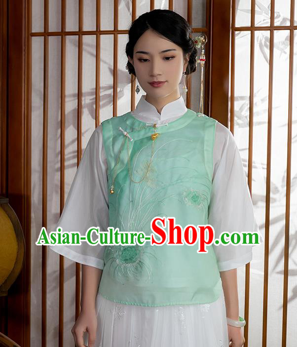 Chinese Traditional National Embroidered Light Green Organdy Vest Costume Women Tang Suit Waistcoat