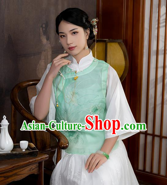 Chinese Traditional National Embroidered Light Green Organdy Vest Costume Women Tang Suit Waistcoat