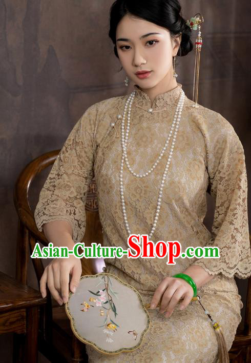 China National Apricot Lace Qipao Dress Clothing Traditional Young Lady Wide Sleeve Cheongsam