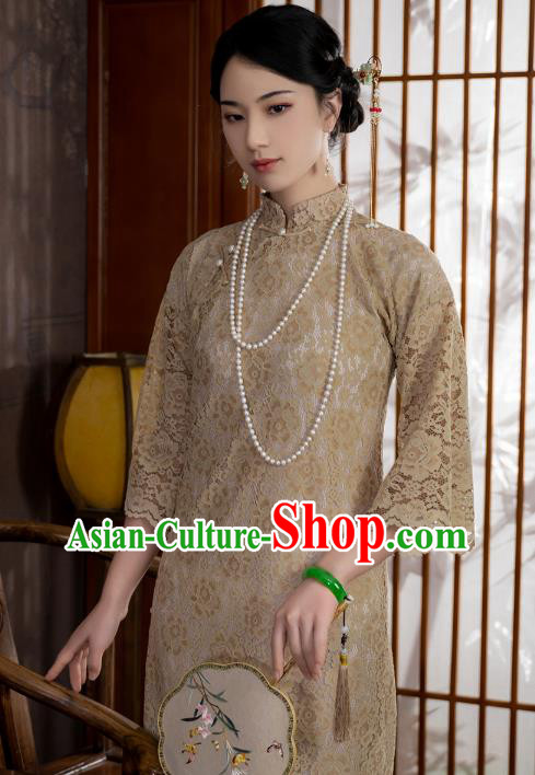 China National Apricot Lace Qipao Dress Clothing Traditional Young Lady Wide Sleeve Cheongsam