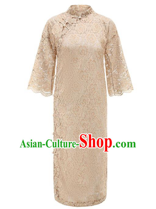 China National Apricot Lace Qipao Dress Clothing Traditional Young Lady Wide Sleeve Cheongsam