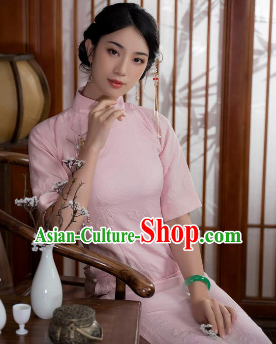 China National Qipao Dress Clothing Traditional Young Lady Jacquard Pink Cheongsam