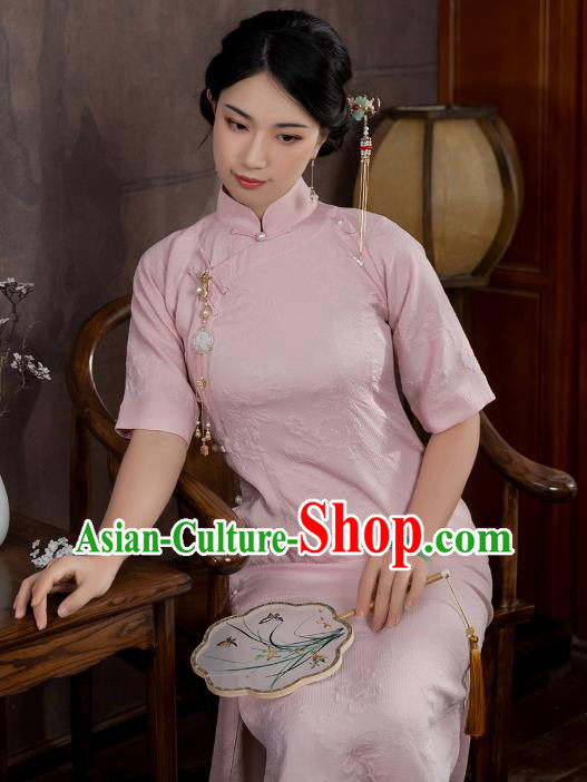 China National Qipao Dress Clothing Traditional Young Lady Jacquard Pink Cheongsam