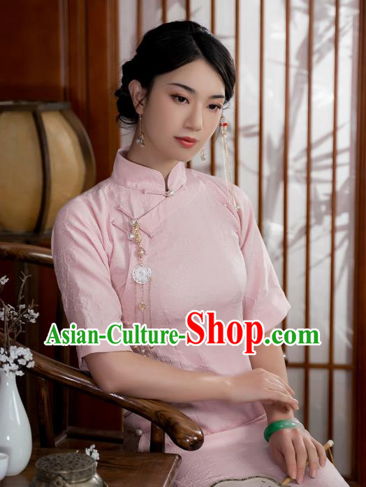 China National Qipao Dress Clothing Traditional Young Lady Jacquard Pink Cheongsam