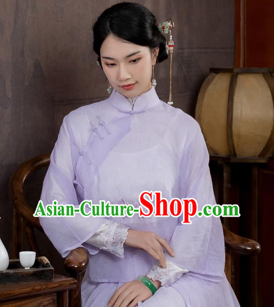 China Traditional Qipao Shirt Upper Outer Garment National Woman Embroidered Lilac Blouse