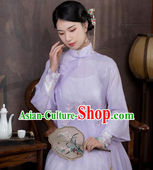 China Traditional Qipao Shirt Upper Outer Garment National Woman Embroidered Lilac Blouse