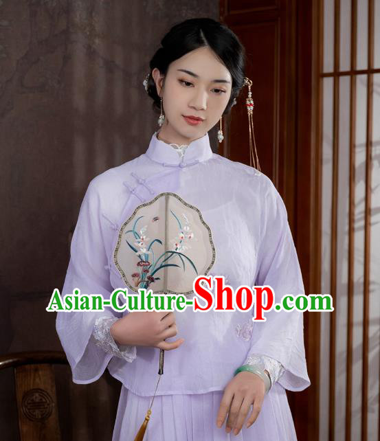China Traditional Qipao Shirt Upper Outer Garment National Woman Embroidered Lilac Blouse