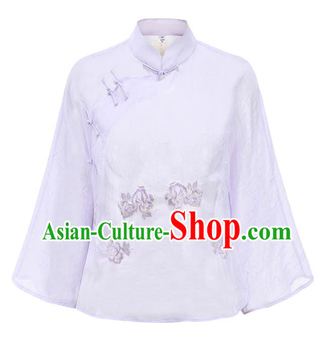 China Traditional Qipao Shirt Upper Outer Garment National Woman Embroidered Lilac Blouse