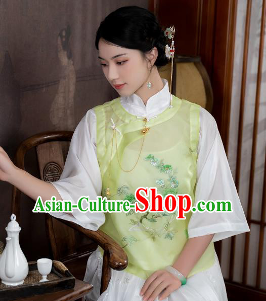 Chinese Traditional Embroidered Light Green Vest Costume National Women Tang Suit Organdy Waistcoat
