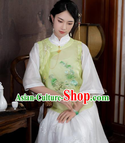 Chinese Traditional Embroidered Light Green Vest Costume National Women Tang Suit Organdy Waistcoat