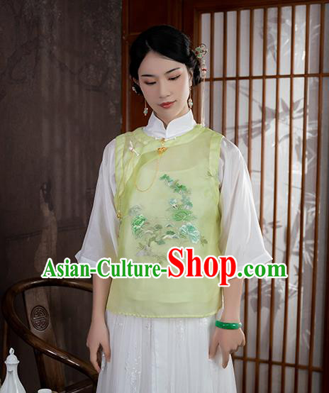 Chinese Traditional Embroidered Light Green Vest Costume National Women Tang Suit Organdy Waistcoat