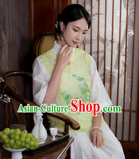 Chinese Traditional Embroidered Light Green Vest Costume National Women Tang Suit Organdy Waistcoat