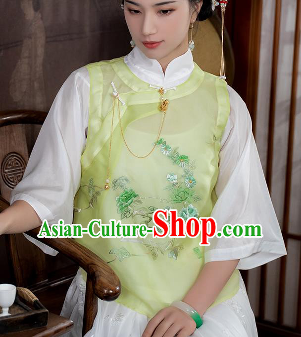 Chinese Traditional Embroidered Light Green Vest Costume National Women Tang Suit Organdy Waistcoat