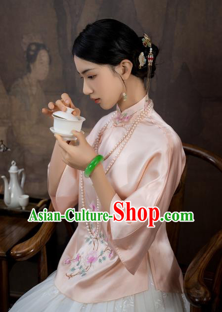 China Traditional Tang Suit Shirt Upper Outer Garment National Woman Embroidered Pink Silk Blouse