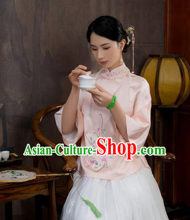 China Traditional Tang Suit Shirt Upper Outer Garment National Woman Embroidered Pink Silk Blouse
