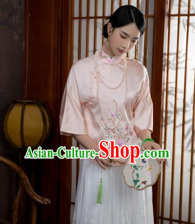 China Traditional Tang Suit Shirt Upper Outer Garment National Woman Embroidered Pink Silk Blouse