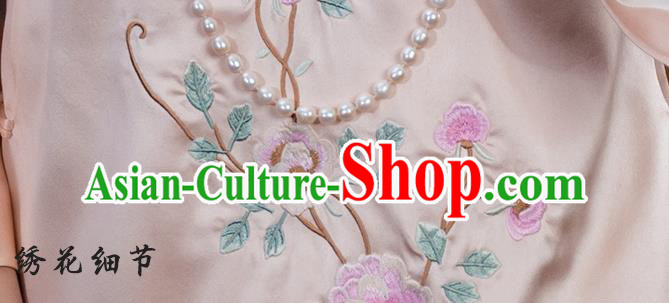 China Traditional Tang Suit Shirt Upper Outer Garment National Woman Embroidered Pink Silk Blouse