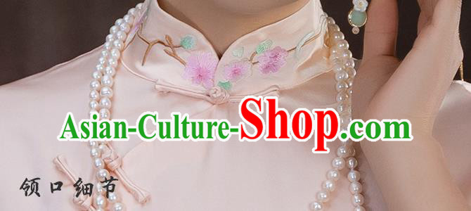 China Traditional Tang Suit Shirt Upper Outer Garment National Woman Embroidered Pink Silk Blouse