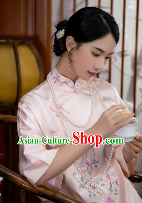 China Traditional Tang Suit Shirt Upper Outer Garment National Woman Embroidered Pink Silk Blouse
