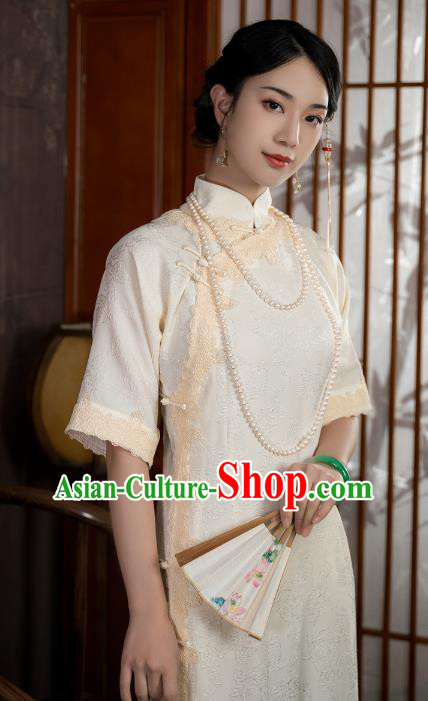 China National Stand Collar Qipao Dress Clothing Traditional Young Lady Beige Long Cheongsam